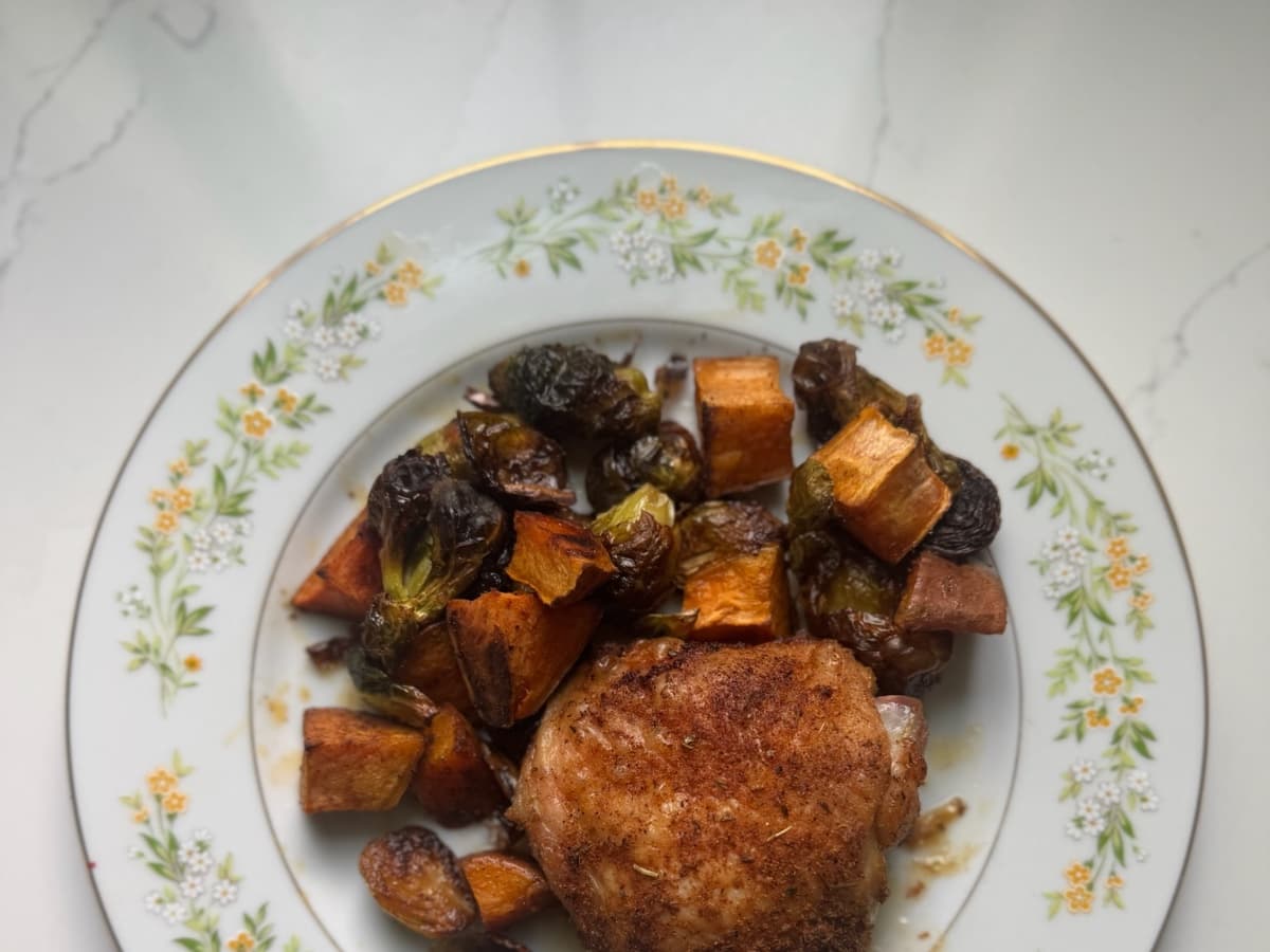 Crispy Chicken Thighs w/Sweets and Brussels